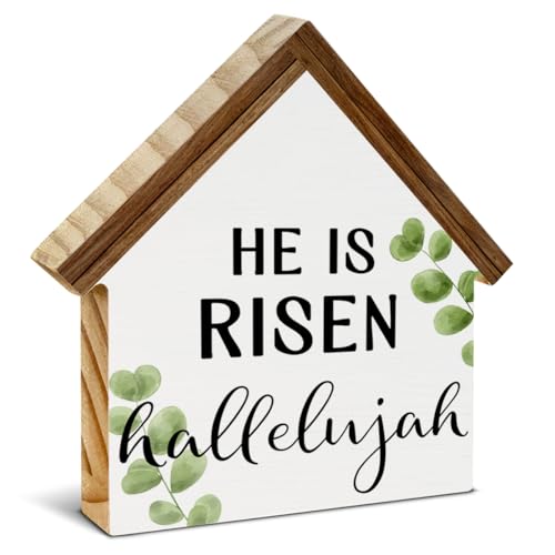 He Is Risen Sign Decor, Easter House Shaped Wood Block Sign - color: HE-1