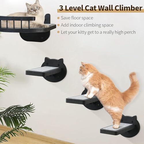 Cat Wall Shelves Furniture Set with Scratching Pad，Wooden Cat Climbing Wall Systems with 2 Perches and 3 Steps, Floating Shelves Bed Wall Mounted for Indoor Fit Up to 15Lbs (Black) - color: Black