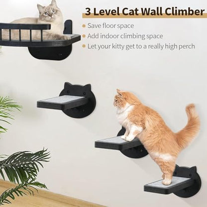 Cat Wall Shelves Furniture Set with Scratching Pad，Wooden Cat Climbing Wall Systems with 2 Perches and 3 Steps, Floating Shelves Bed Wall Mounted for Indoor Fit Up to 15Lbs (Black) - color: Black