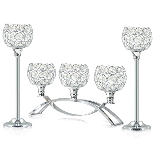 Crystal Tealight Candle Holder Centerpiece Home Decorative Candlestick Holder Elegant Table Centerpiece Home Decor Wedding Party Anniversary (Silver, Set of 3) - color: Silver, size: 3 Pieces