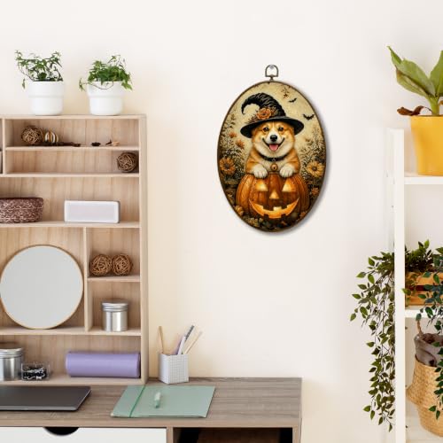 JQF Corgi Halloween Moody Witchy Corgi Oval Wall Decor Framed 8.5x11.5 Inch - color: fall corgi-1