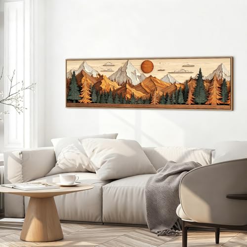 Abstract Mountain Landscape Framed Wall Art Neutral Wall Decor Boho Farmhouse Picture for Living Room Home Decor Sunset Nature Forest Canvas Painting Woodland Poster Artwork Decorations 14x48” - color: Mount