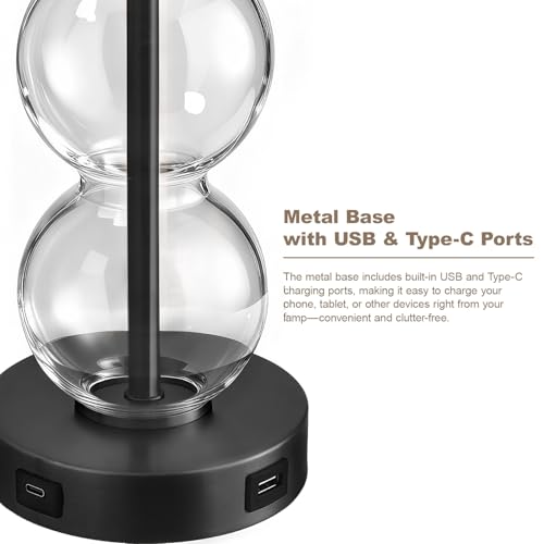 Oneach 25" Glass Table Lamps Set of 2, Black Modern Table Lamps with USB Ports for Living Room, Linen Shade Bedside Lamps for Bedroom, Nightstand, Side Table (Bulbs not Included) - color: Black