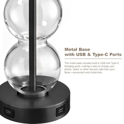 Oneach 25" Glass Table Lamps Set of 2, Black Modern Table Lamps with USB Ports for Living Room, Linen Shade Bedside Lamps for Bedroom, Nightstand, Side Table (Bulbs not Included) - color: Black