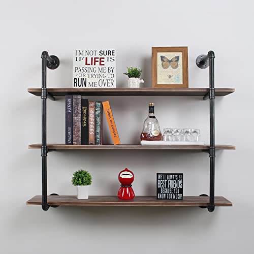 MBQQ Industrial Pipe Shelving Wall Mounted,48in Rustic Metal Floating Shelves,Steampunk Real Wood Book Shelves,Wall Shelf Unit Bookshelf Hanging Wall Shelves,Farmhouse Kitchen Bar Shelving(3 Tier) - color: 3-layer, size: 48in