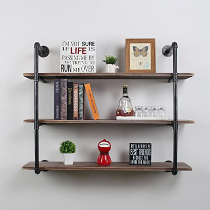MBQQ Industrial Pipe Shelving Wall Mounted,48in Rustic Metal Floating Shelves,Steampunk Real Wood Book Shelves,Wall Shelf Unit Bookshelf Hanging Wall Shelves,Farmhouse Kitchen Bar Shelving(3 Tier) - color: 3-layer, size: 48in