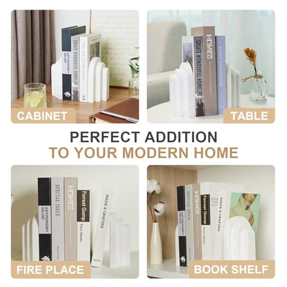Natural Marble Book Ends - Heavy Duty Bookends for Shelves - Aesthetic Layered Arch Design Stone Book Holders, Decorative Modern Office Bookshelf Stopper Decor for Books/CDs, White - style: Arched-White