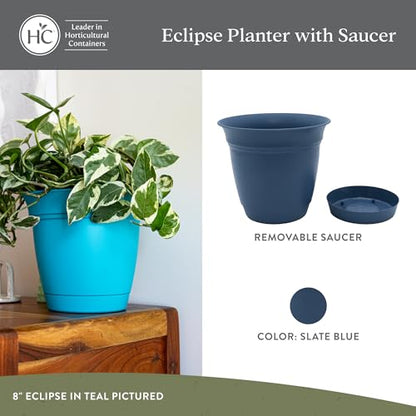 The HC Companies Eclipse Round Planter with Saucer - Outdoor & Indoor Plant Pot with Drainage Holes - Lightweight, UV-Resistant Plastic Pots for Plants, Flowers & Herbs (6" Slate Blue, Pack of 1) - size: 6"
