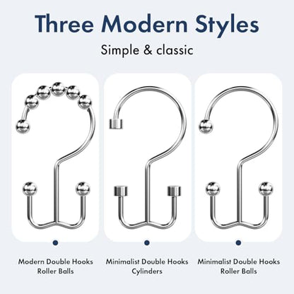 Bathway Shower Curtain Hooks Chrome Shower Curtain Rings, 12 Pcs Double Hook Shower Curtain Hooks Rings Shower Curtain Hangers Rust Proof, Metal Shower Hooks for Bathroom Shower Curtain Rod - color: Chrome, style: Minimalist