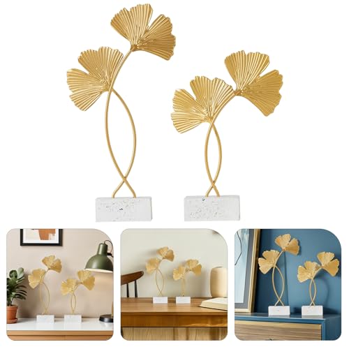 Cabilock 2Pcs Ginkgo Leaf Decor Metal Sculptures with Wood Base Nordic Gingko Leaf Adorns for Desktop Home D Cor Accents Living Room Bedroom Office
