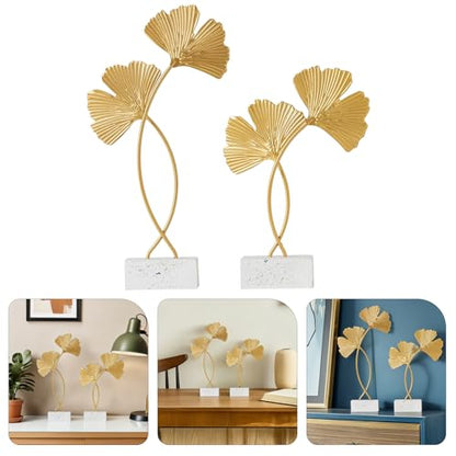 Cabilock 2Pcs Ginkgo Leaf Decor Metal Sculptures with Wood Base Nordic Gingko Leaf Adorns for Desktop Home D Cor Accents Living Room Bedroom Office