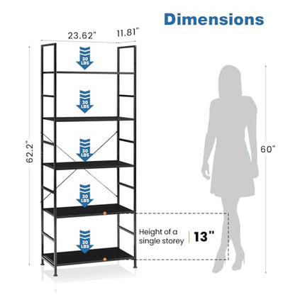 DUMOS 5 Tiers Open Bookshelf, Classic Freestanding Tall Display Shelf - color: Black, size: 5 Tier＆Open