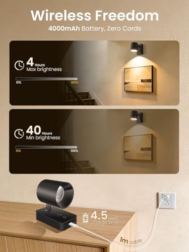ALUSSO Battery Operated Picture Light for Wall, Rechargeable Wireless with Remote, Dimmable LED for Picture Frame, 4 Temps 9 RGB, 24° Narrow Beam Art Spotlight, 2 Pack