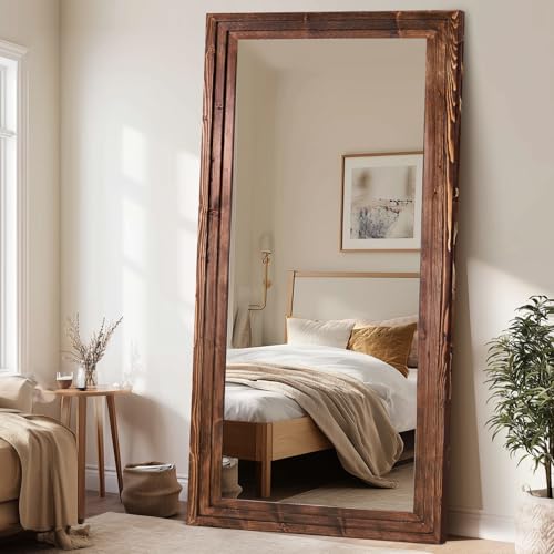 Full Length Mirror, 76 x 34 Inch Solid Wood Floor Mirror, Brown - color: Brown, size: 76"L x 34"W