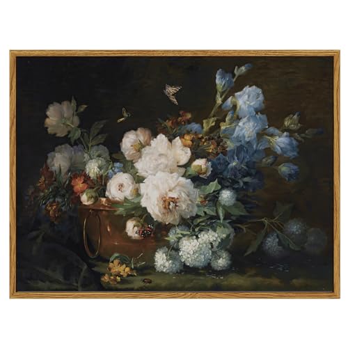 ARPEOTCY Vintage Framed Canvas Wall Art, Bathroom Hydrangea Peonies Floral Pictures Prints Retro Wall Decor, Farmhouse Moody Bedroom Living Room Flower Paintings, 12x16 Inch - color: Peonies Irises, size: 16"L x 12"W