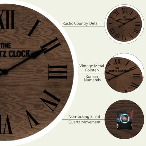 ARTPOWER 35.5" Extra Large Farmhouse Wall Clock,Solid Wood Veneer,Brown - color: Brown, size: 35.5"W x 35.5"H