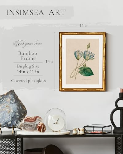 InSimSea Gold Bamboo Framed Wall Art, Blue Lotus Botanical Prints, 11x14In - color: Blue Lotus