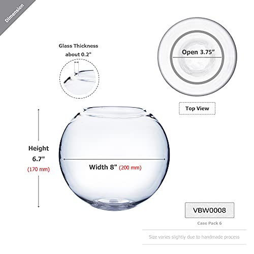 WGV Bowl Glass Vase Bulk, Diameter 8", Height 6.5", Open Width 3.75", (Multiple Sizes Choices) Clear Bubble Planter Terrarium Fish Bowl for Wedding Event Home Decor, 6 Pieces (VBW0008) - size: 8"Dx6.5"H 1 Case