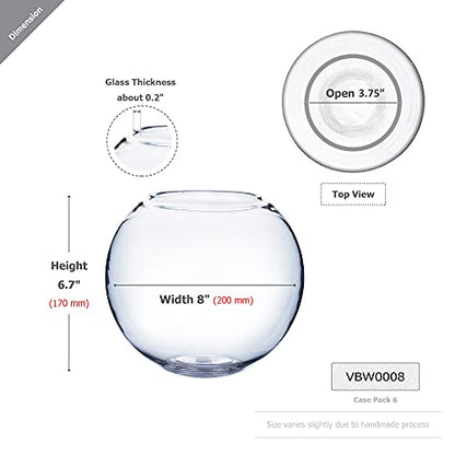 WGV Bowl Glass Vase Bulk, Diameter 8", Height 6.5", Open Width 3.75", (Multiple Sizes Choices) Clear Bubble Planter Terrarium Fish Bowl for Wedding Event Home Decor, 6 Pieces (VBW0008) - size: 8"Dx6.5"H 1 Case
