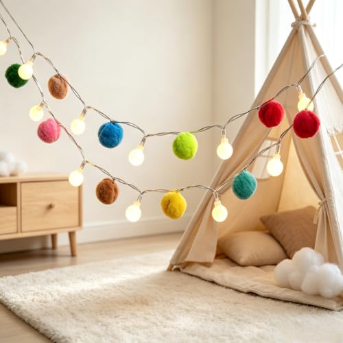 6.56FT Pom Poms Fairy Lights - 20 LED Battery Operated String Lights with Warm White Globe Balls - Cute Indoor Decor for Bedroom Kids Room Playhouse Graduation Birthday Baby Shower - Rainbow - color: Rainbow, size: 6.56 FT