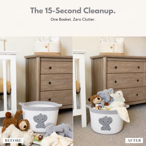 Elephant Baby Storage Basket, Woven Cotton Rope Nursery Bin, 15x11 in - color: Neutral Elephant