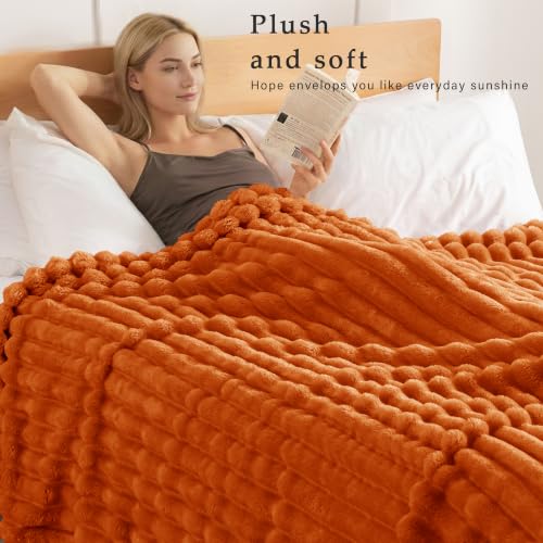 Exclusivo Mezcla Striped Queen Size Fleece Blanket for Bed, Couch, 90"x90" - color: Burnt Orange, size: Queen ( 90x90 IN )