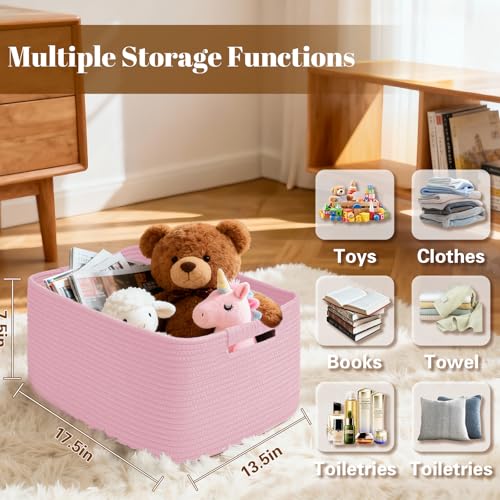 2 Pack Large Storage Basket for Organizing, 17.5"x13"x7" Woven Basket for Shelves, Closet Cube Storage Bins with Wrapped Handle, Cotton Rope Baskets for Kitchen, Clothes, Toys(Light Pink) - color: Light Pink, size: 2 Pack