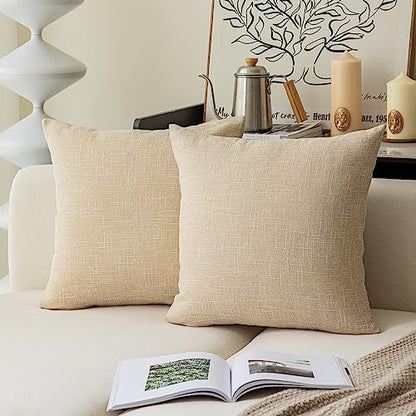 Kevin Textile Textural Faux Linen Throw Pillow Covers Shams for Couch, Farmhouse Cushion Case Invisible Zipper, 18 x 18-Inch (2 Pcs, Cream Beige) - color: Cream Beige, size: 18" x 18" (Pack of 2)
