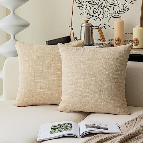 Kevin Textile Textural Faux Linen Throw Pillow Covers Shams for Couch, Farmhouse Cushion Case Invisible Zipper, 18 x 18-Inch (2 Pcs, Cream Beige) - color: Cream Beige, size: 18" x 18" (Pack of 2)