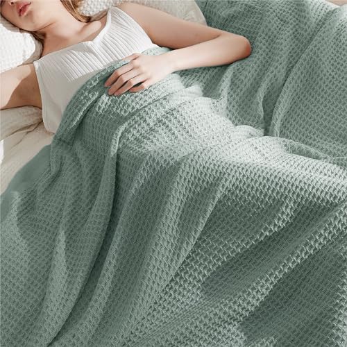 Bedsure 100% Cotton Throw Blanket for Couch, Waffle Weave, Green, 50"X70" - color: 04 Green, size: Throw XL (50" X 70")