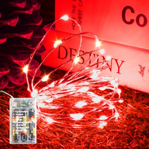 Red Fairy Lights Battery Operated (Included), 8 Modes & Auto Timer, 16FT 50Led Mini Twinkle Silver Wire Firefly Starry Lights, Waterproof Battery Operated Lights for Mason Jars Party Bedroom - color: Red, size: 1 Pack - Batteries Included