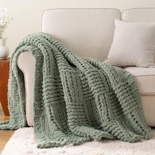 Chunky Knit Throw Blanket for Couch, Sage Green, 50"x60" - color: Sage Green