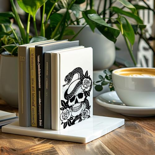 Peacoblue 5.3"x4.3"x6.7" Metal Bookends, Heavy Duty Book Ends for Shelves - style: Skulls and Snakes