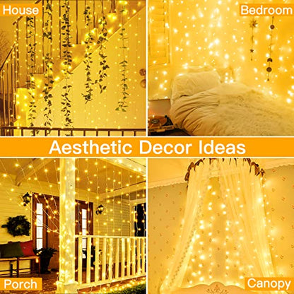 Ollny Curtain Lights 6.6x6.6ft, 200LED String Lights with Remote Warm White - color: Warm White, size: 200 LED