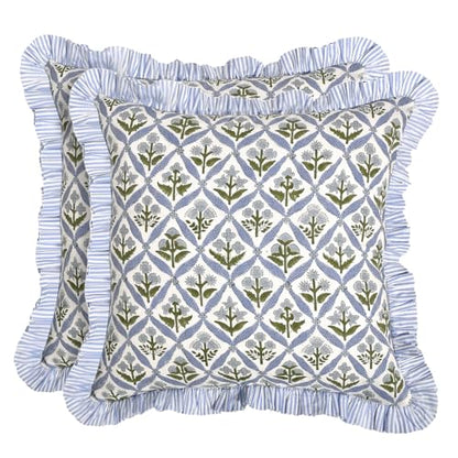 Ridhi Light Steel Blue Block Print Ruffle Pillow Covers 18x18 Inch Set of 2 - color: Light Steel Blue, size: 18" x 18" (Pack of 2)