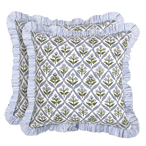 Ridhi Light Steel Blue Block Print Ruffle Pillow Covers 16x16 Inch Set of 2 - color: Light Steel Blue, size: 16" x 16" (Pack of 2)
