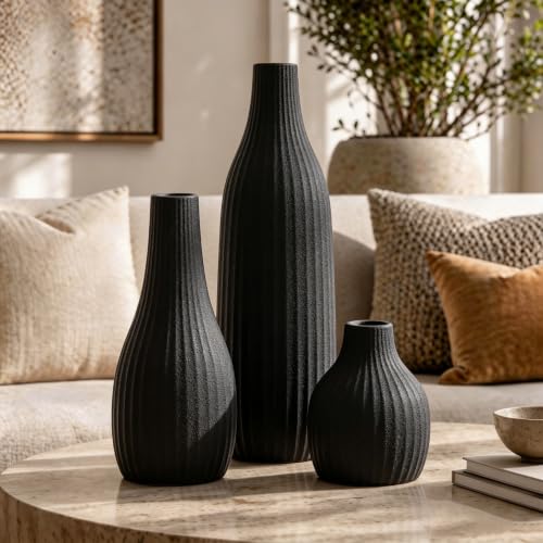 Minimal Line Black Ceramic Vase Set of 3, Matte Decorative Flower Vases - color: Black