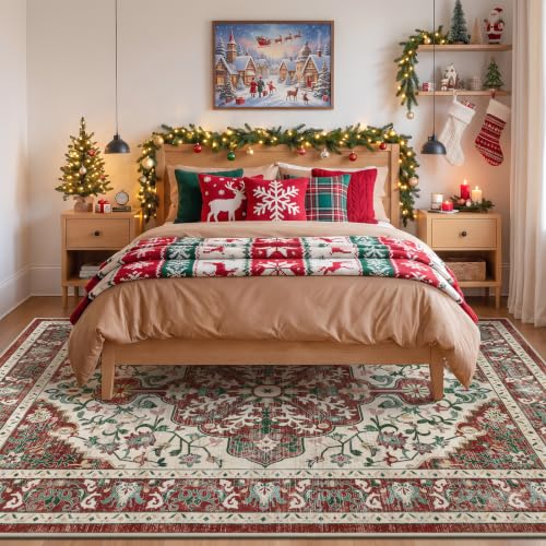 U'Artlines Red Christmas Area Rug 6x9 Boho Washable Soft Holiday Carpet - color: Christmas Red, size: 6' x 9' (Rectangular)