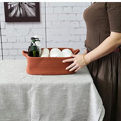 XUANGUO Medium Woven Cotton Rope Storage Basket with Handles, Rust - color: rust