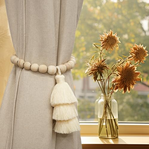 Magnetic Curtain Tiebacks with Wood Beads, Boho Rope Drapery Holdbacks with Triple Tassels, No Drill Curtain Holders for Farmhouse Bedroom, Living Room or Nursery, 2 Pack, Beige - color: Beige