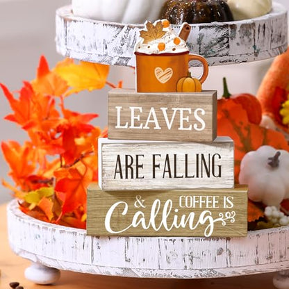 Lineshading 4 Pcs Fall Coffee Table Decor Wooden Pumpkin Latte Block Signs - style: Cow Home Eucalyptus
