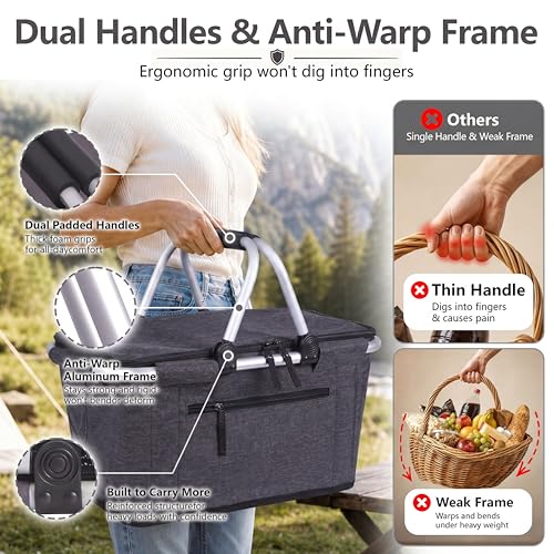 Picnic Basket, SIYUAN Collapsible Market Basket Insulted Cooler with Handles 27L Large Farmers Grocery Basket with Lid Portable Tote Bag, Black - color: Dark Black