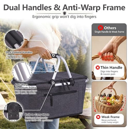 Picnic Basket, SIYUAN Collapsible Market Basket Insulted Cooler with Handles 27L Large Farmers Grocery Basket with Lid Portable Tote Bag, Black - color: Dark Black
