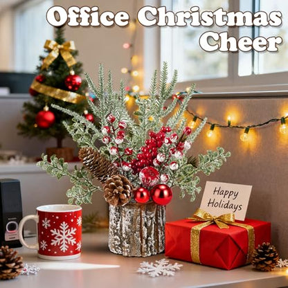 Christmas Centerpieces for Tables – Tabletop Christmas Decorations with Pine, Cones & Berries – Indoor Holiday Decors for Home, Office, Kitchen or Fireplace Mantel