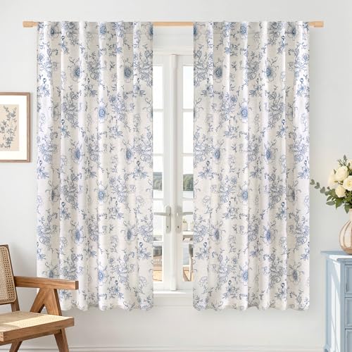 LAMIT Floral Linen Curtains 63 Inch for Bedroom, 2 Panels, Navy Blue - color: Navy Blue, size: 52"W x 63"L (Pack of 2)