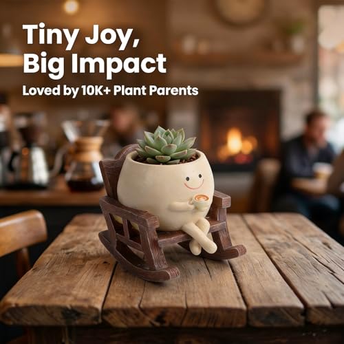 4 Inch Rocking Chair Smiley Face Planter Pots with Drainage Hole, Resin Flower Pot for Succulents, Cute Plant Pot Indoor Outdoor, Perfect for Spring Decor, Unique for Plant Lovers - color: C01-holding Cup Style