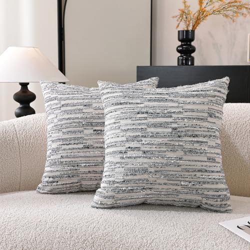 Striped Throw Pillow Covers 20x20 Set of 2 Gray Textured Boucle Chic Morden Boho Accent Farmhouse Decorative Chenille Pillow Covers for Home Decor Bed Sofa Living Room - color: Gray, size: 20" x 20" (Pack of 2)