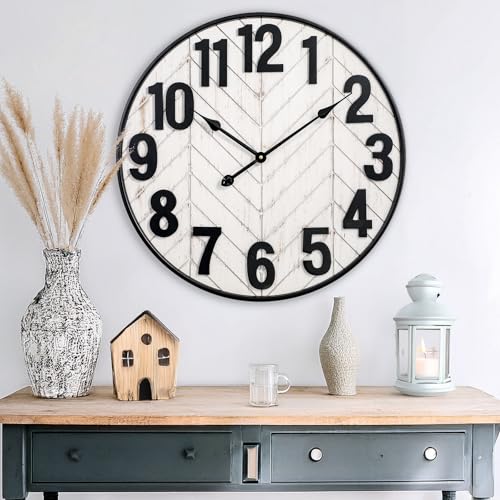 24 Inch Large Wall Clock, Rustic Wooden Farmhouse Wall Clock with Black Metal Frame, Battery Operated Non-Ticking Silent Wall Clocks for Living Room, Kitchen, Bedroom (Whitewashed) - color: Whitewashed, size: 24 Inches