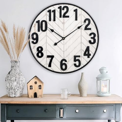 24 Inch Large Wall Clock, Rustic Wooden Farmhouse Wall Clock with Black Metal Frame, Battery Operated Non-Ticking Silent Wall Clocks for Living Room, Kitchen, Bedroom (Whitewashed) - color: Whitewashed, size: 24 Inches