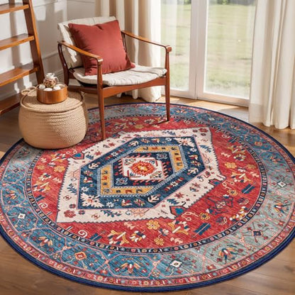 SERISSA 4ft Washable Non Slip Round Boho Area Rug for Bedroom，Rust - color: Rust/Multi, size: 4' (Round)